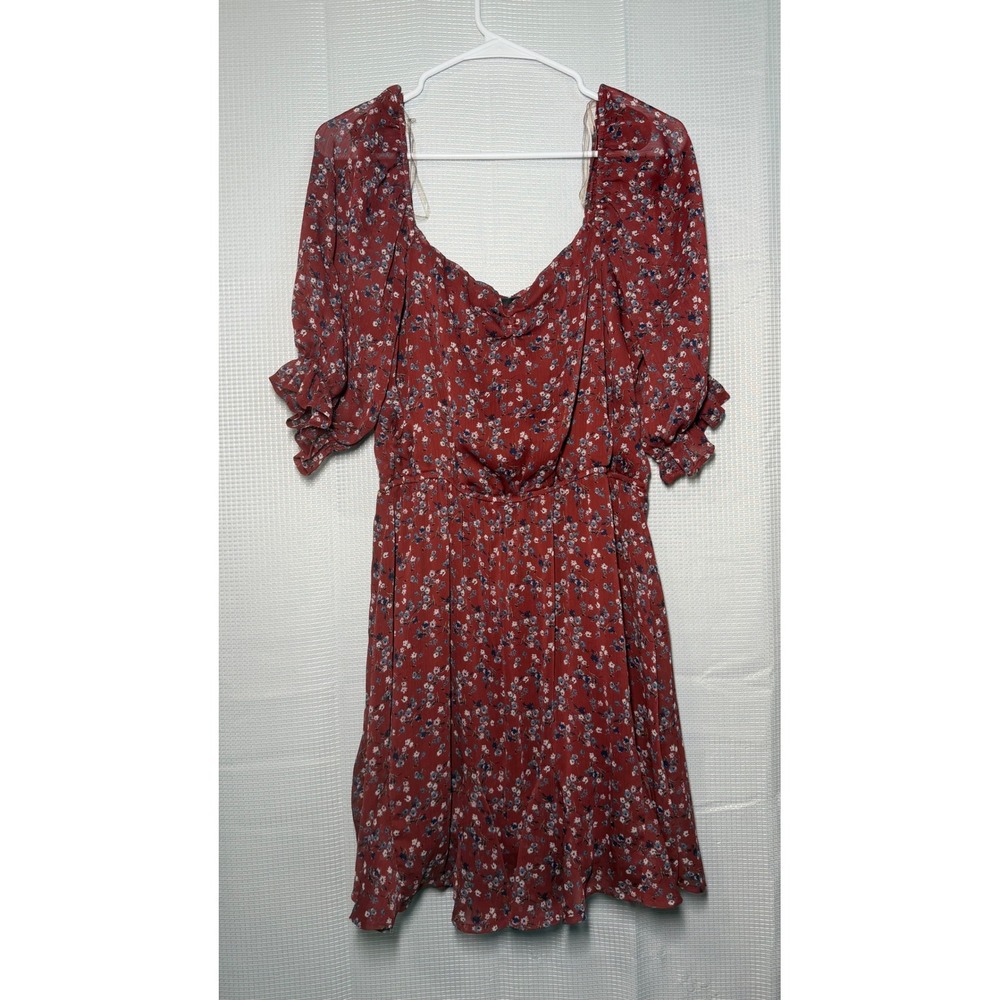 Trixxi‎ Floral Mini Dress XL Red Ruffle Sleeve Square Neck 26AF7222PI
